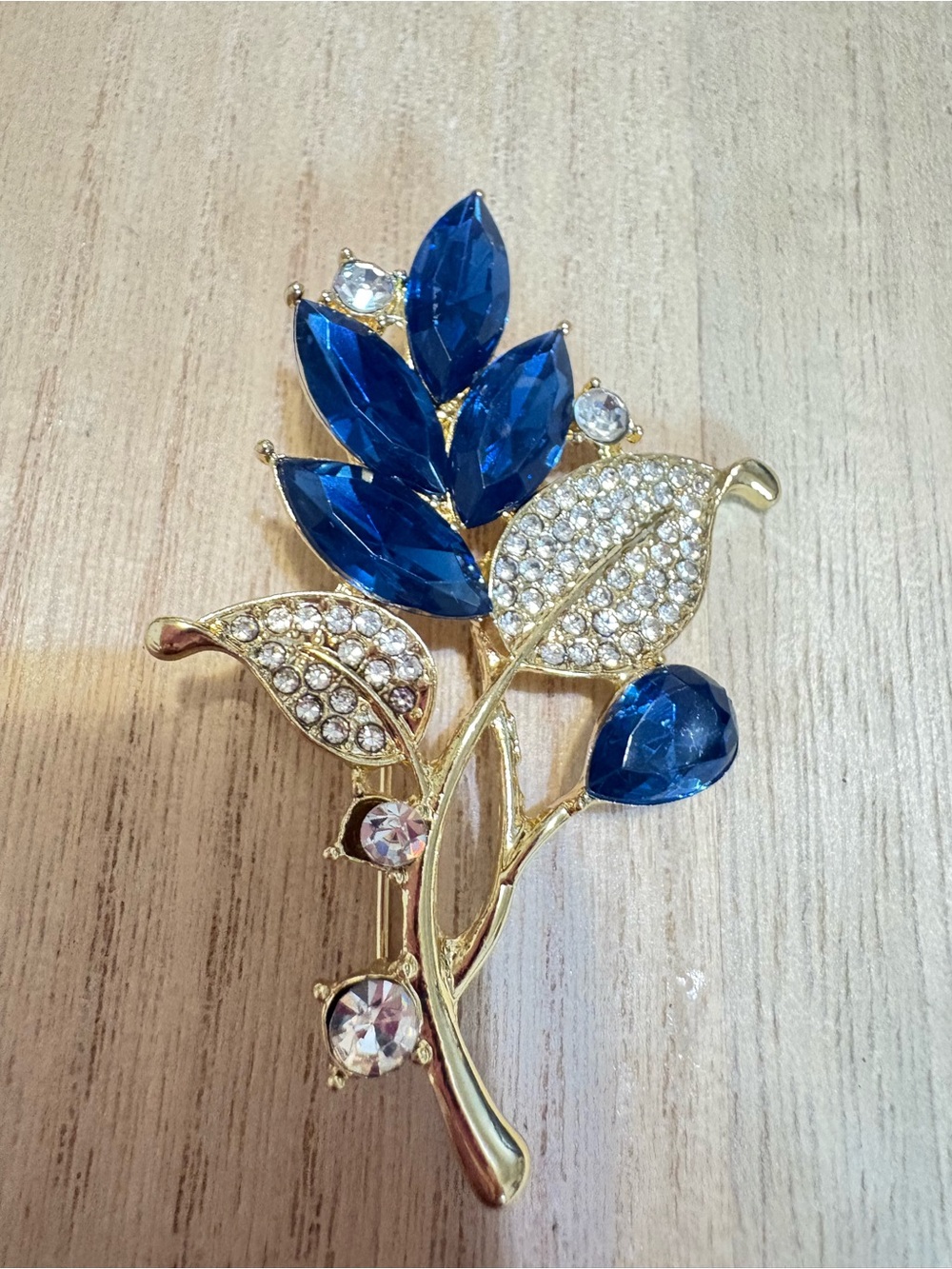 Gold and Blue Crystal Leaf Brooch - Women Jewelry